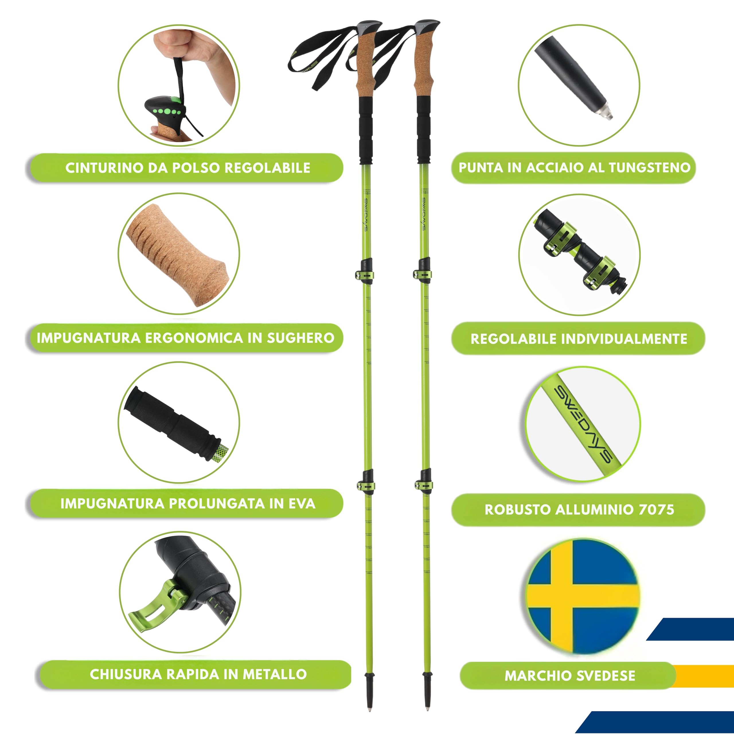Bastoncini da trekking telescopico Bastoni Nordic Walking: [Carbonio 3K o Alluminio], Manico in Sughero Ergonomico, leggero, facile da regolare 63-135 cm per per Donna e Uomo
