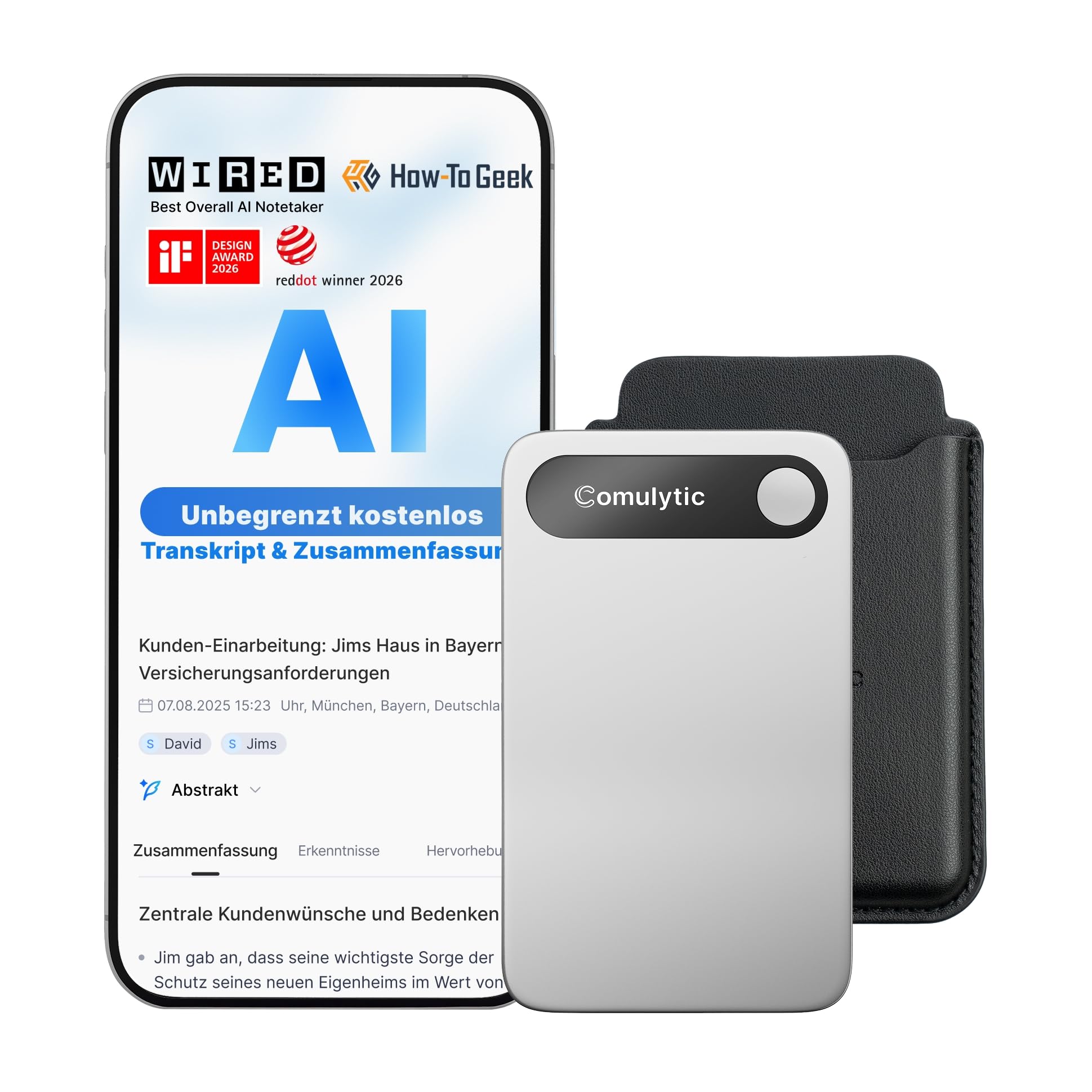 Comulytic Note Pro KI Digitales Diktiergerät Aufnahmegerät mit unbegrenzte Transkription &Zusammenfassung, Voice Recorder mit App-Steuerung & Case, 113 Sprachen für Meetings, Vorlesungen