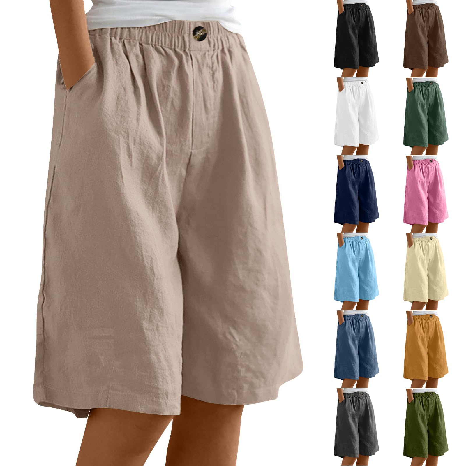 Womens Bermuda Shorts Knee Length High Waisted Wide Leg Linen Shorts Summer Cozy Loose Beach Long Short with Pockets