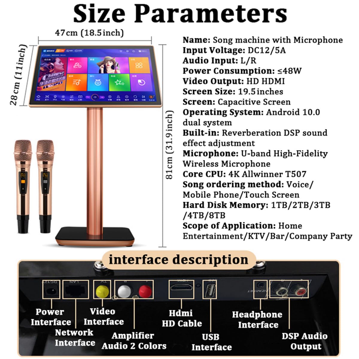 Macchina per Karaoke KTV - Attrezzature per Karaoke con 2 microfoni Wireless con Riverbero, Lettore Karaoke Touch Screen da 19,5 Pollici per Feste in casa, modalità Musica Regolabile,White-3TB