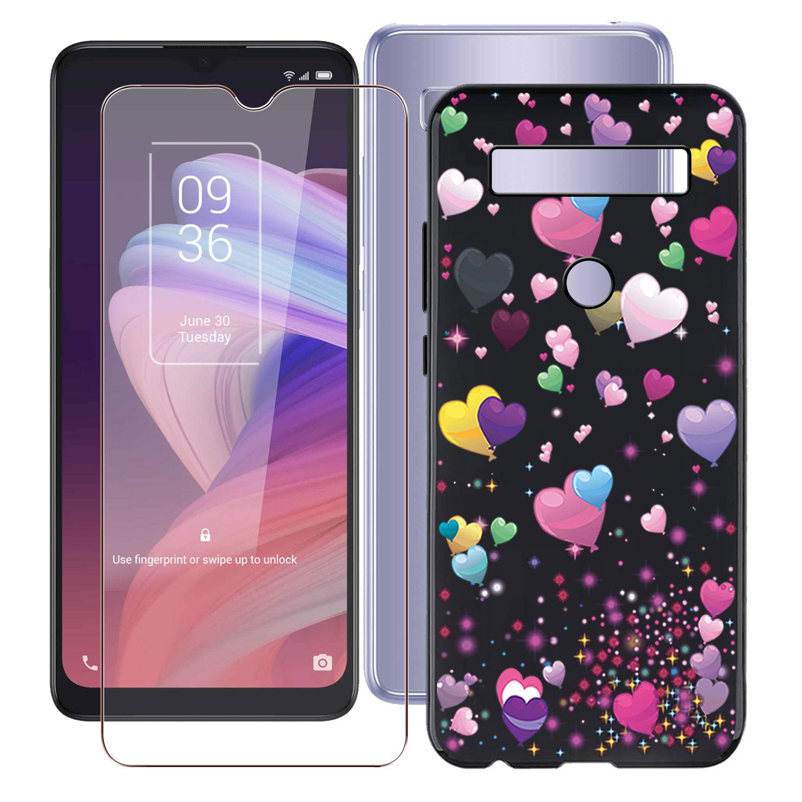 KJYF Custodia + Vetro Temperato Pellicola Protettiva per TCL 10 SE (6.52), Nero in Silicone Morbido TPU Cover, Anti Graffio Protettiva Case per TCL 10 SE - Pallone romantico
