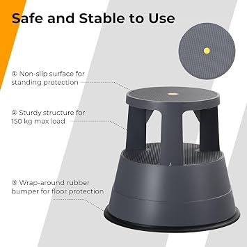 COSTWAY Step Stool, Rolling Kick Stool with Retractable Wheels and Non-Slip Rubber Platform, Lightweight Round Stepping Kickstool for Home Office Kitchen Warehouse, 150kg Load Capacity