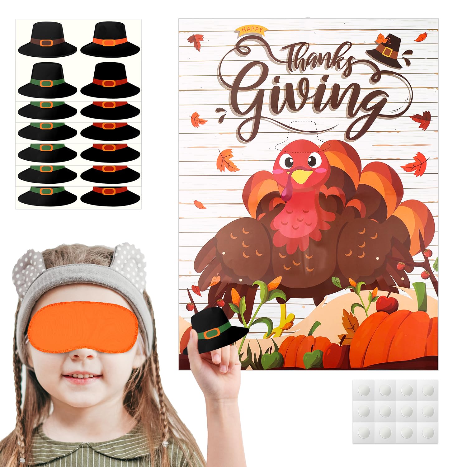 LUTER Thanksgiving Pin Game, Pin the Hat on the Turkey Thanksgiving Turkey Pin Game Festive Fall Party Reusable Stickers Turkey for Kids Party Supply