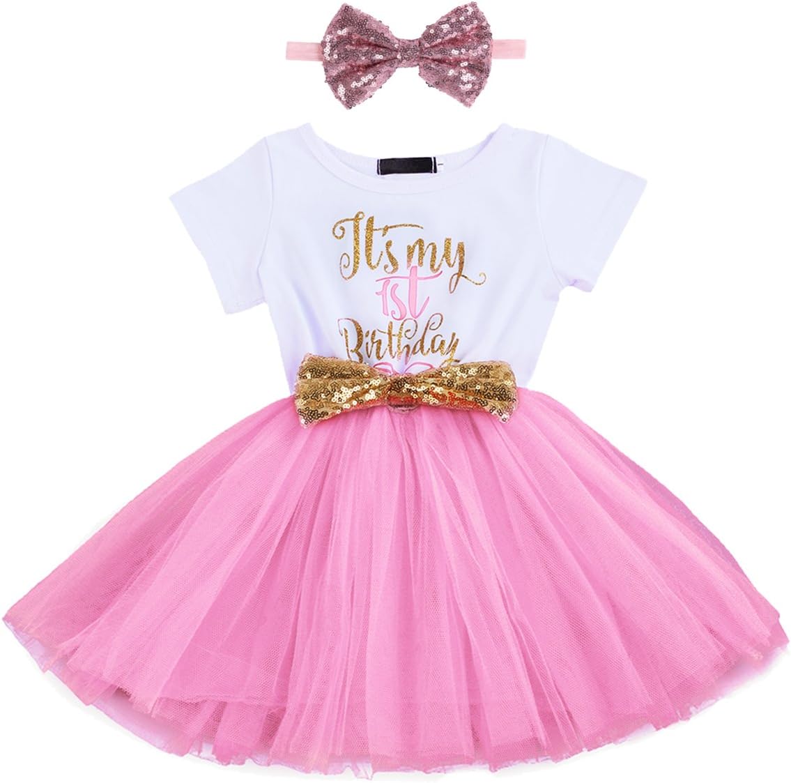 IBTOM CASTLEBaby Girls Newborn It's My 1st/2nd Birthday Cake Smash Shinny Printed Sequin Bow Tutu Princess Dress