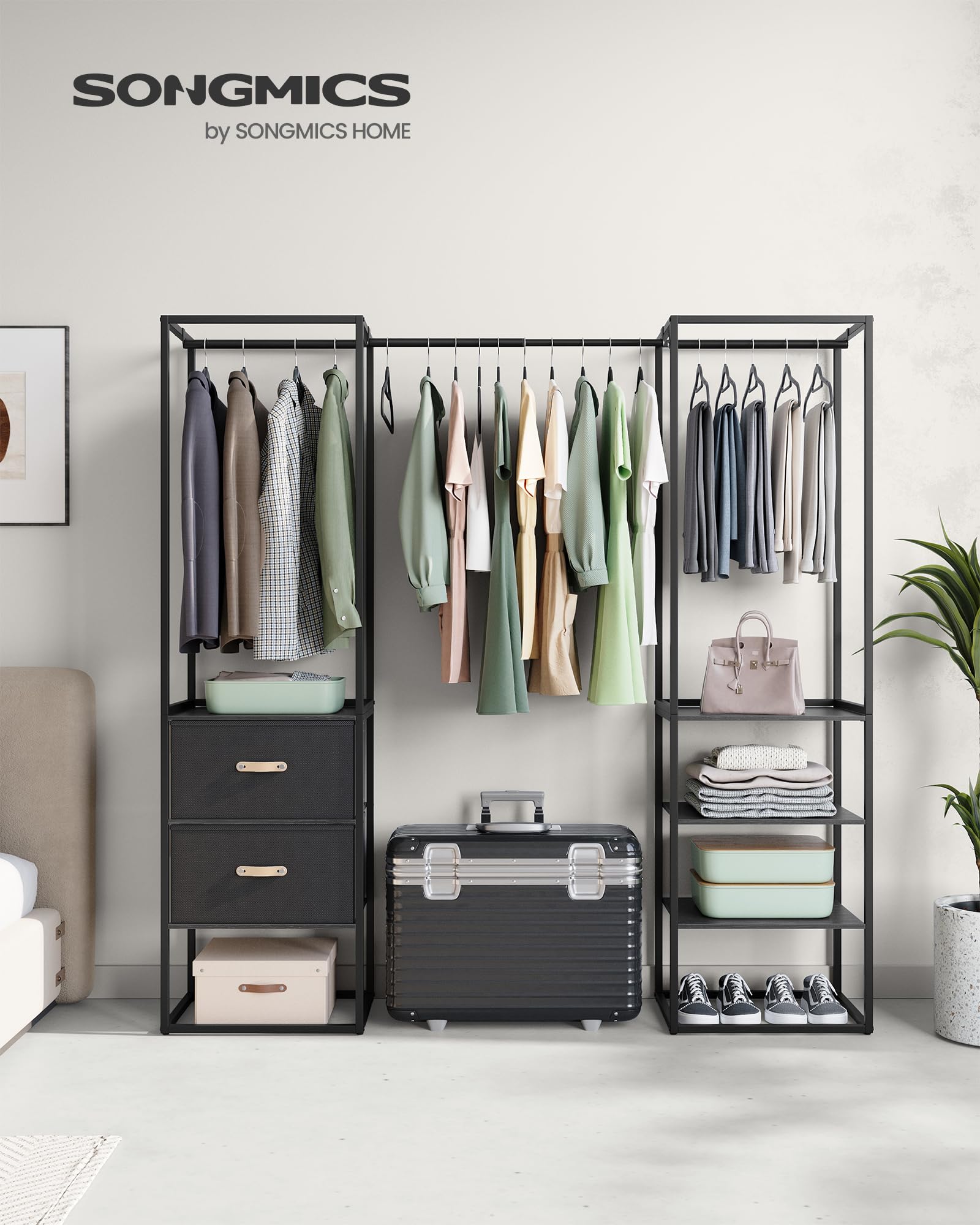 CASABEL Penderie vêtements 80x40x167 cm avec 4 tiroirs de Rangement en Tissu Rigide, Porte Manteau, Dressing, Penderie, pour Chambre, Salon ou entrée, Structure en métal Blanc et Plateau en Bois