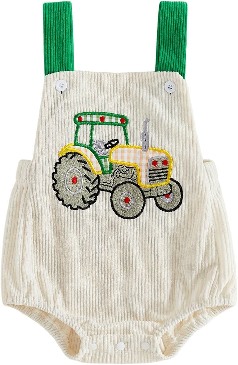 Newborn Baby Boy Girl Summer Clothes Crawfish Tractor Sleeveless Overalls Bubble Romper Corduroy Backless Bodysuit