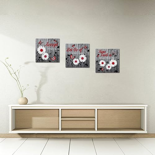 Miniatura 3 de SkenoArt Arte de pared de flores para dormitorio, lienzo de mariposa gris y roja, citas florales de margaritas, imágenes inspiradoras, decoración
