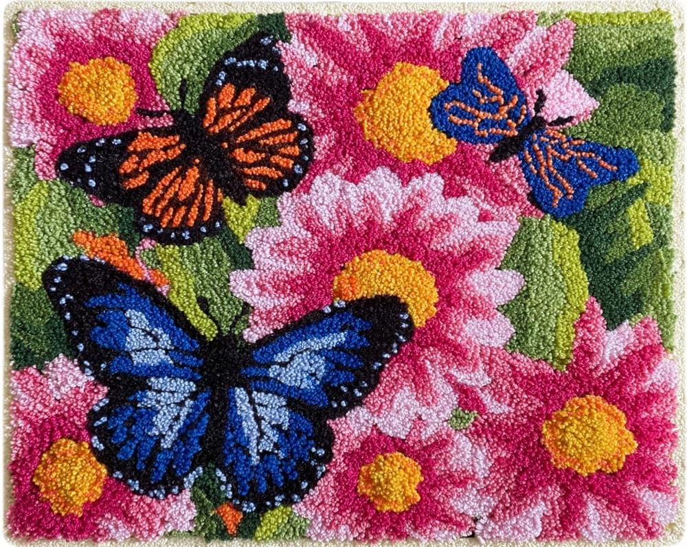 Latch Hook Rug Kits Butterfly Floral Christmas Rug Making Kits for Beginners Adults Tapestry Kits Embroidery Kits Craft Kit Carpet Doormat Creative Gift Home Decoration 31X45In