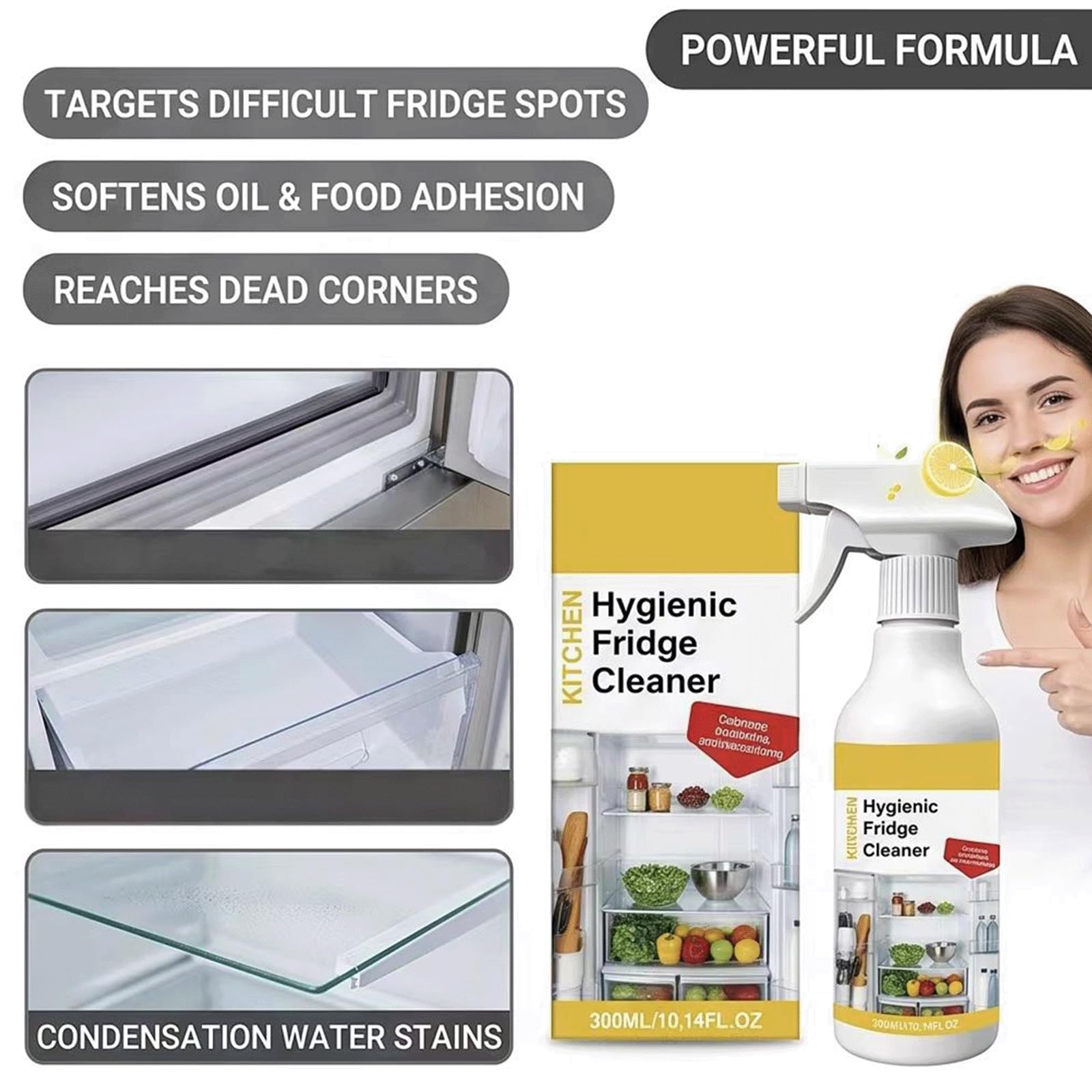 Limpiador de frigorífico en aerosol con aroma fresco de limón y limpiador de frigorífico en el interior,cocina con olor a frigorífico Nettoyant Brume,seguro para sellos y estantes de vidrio (5 piezas)