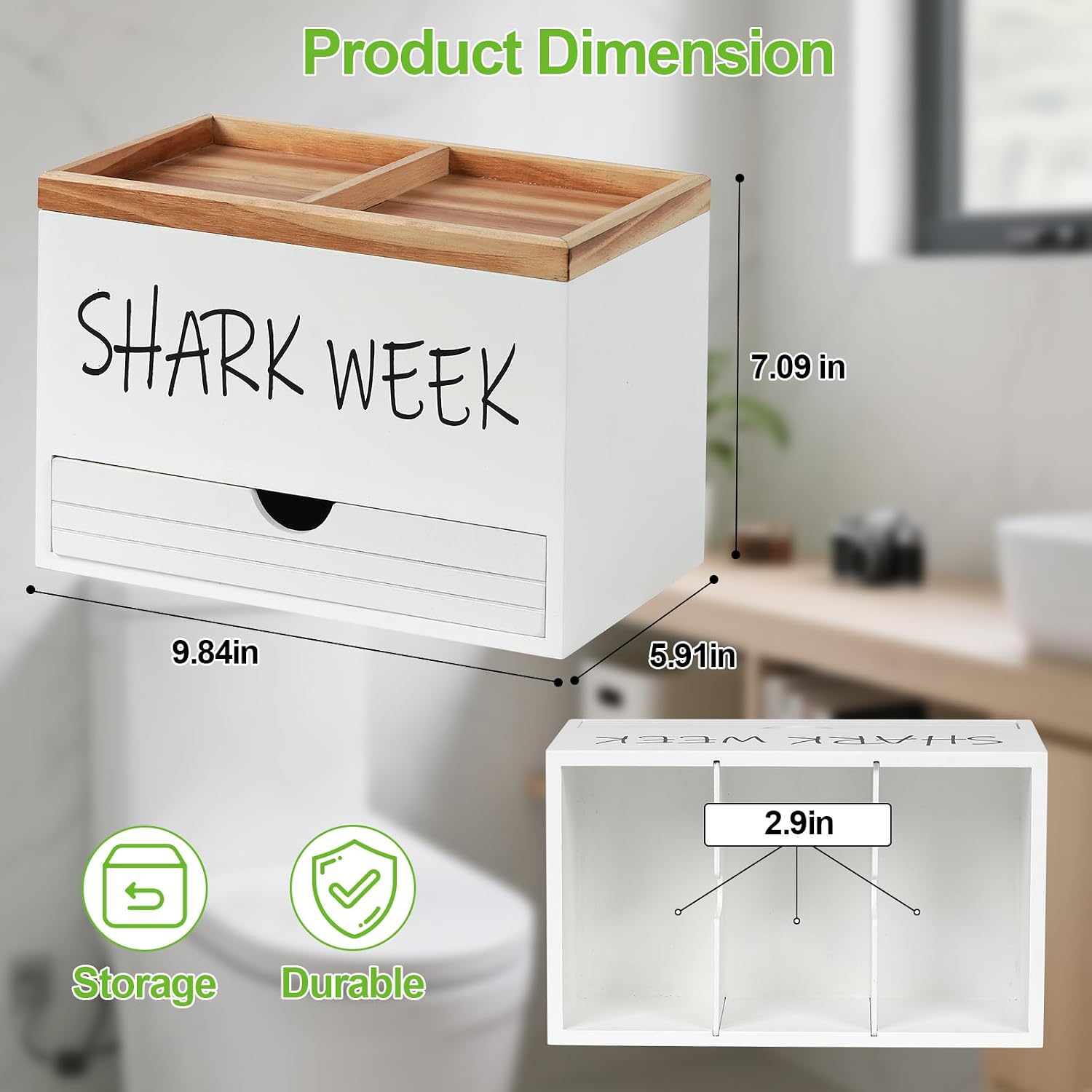 Tampon Holder for Bathroom, Feminine Product Organizer Lid & Drawer | Wood Shark Week Tampon Storage, Lady Stuff Box for Bathroom Accessories and Toilet Organizer