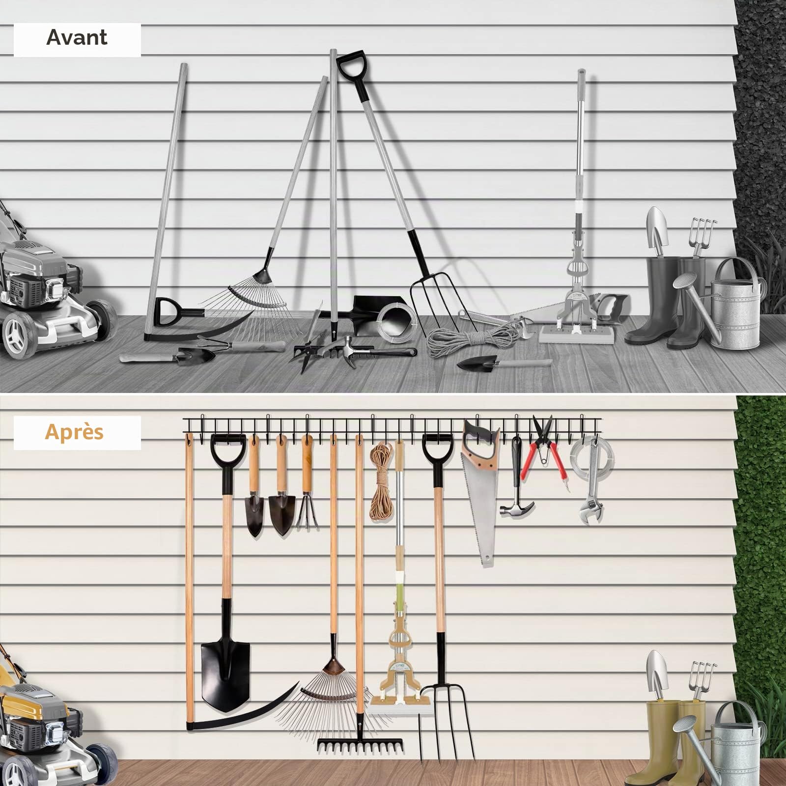 zacurter Support mural pour outils de jardin, garage, outils de jardin, crochets robustes pour outils de jardin, pelles, râteaux, tuyaux, cordes (160 cm)