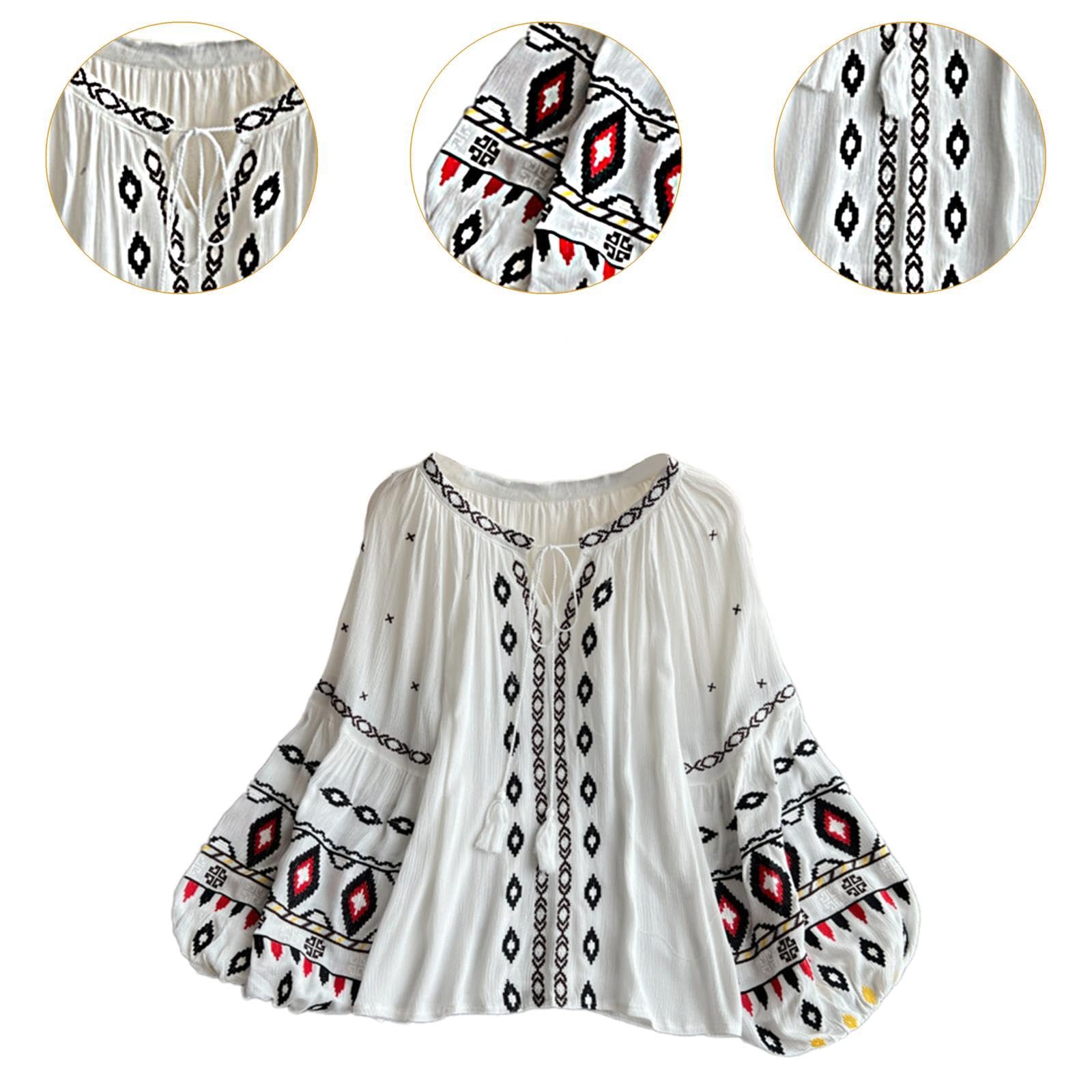 Blouse Brodée Femme en Coton Lin Tendance Coupe Droite Manches Ballon Style Ethnique Chic Vêtement Polyvalent pour Bureau Sorties Plage Fêtes