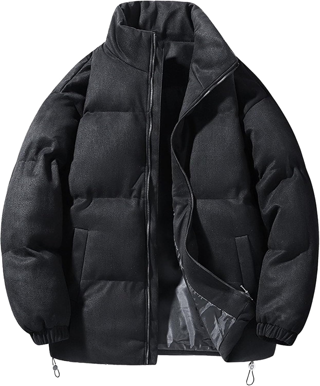 JEKE-DG Men's Suede Casual Thicken Puffer Jacket Stand Collar Zip Up Solid Down Coats Winter Insulated Quilted Coat