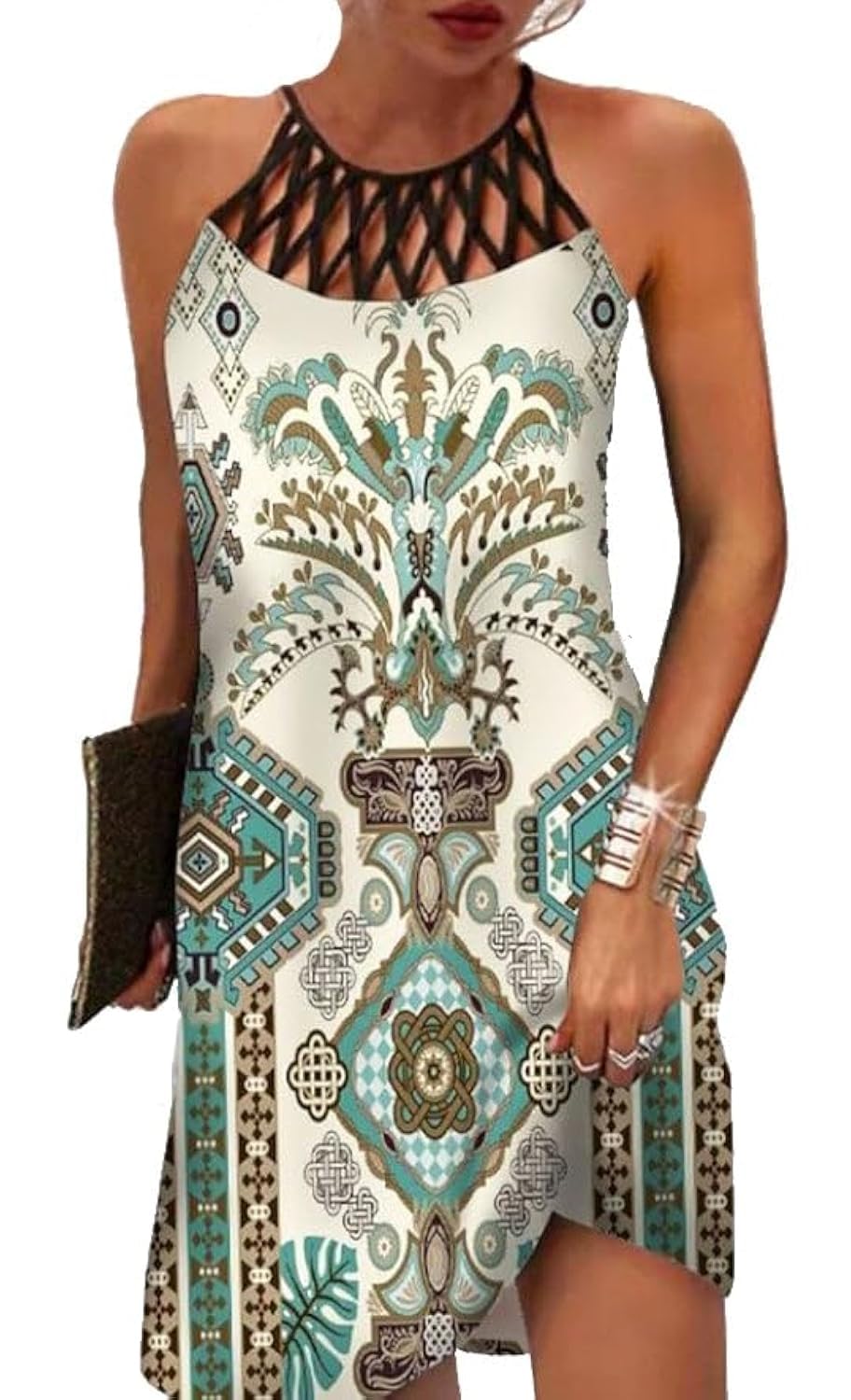LOVESHOOT Summer Dresses for Women 2026 Casual Floral Hollow Out Halter Neck A-line Sundress for Beach Vacation with Pockets