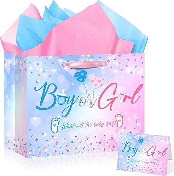 Yomaiha Baby Gender Reveal Gift Bag Gender Reveal Wrapping Paper Boy or Girl What Will The Baby Be Bag with Tissue Paper and Greeting Card for Party Supplies