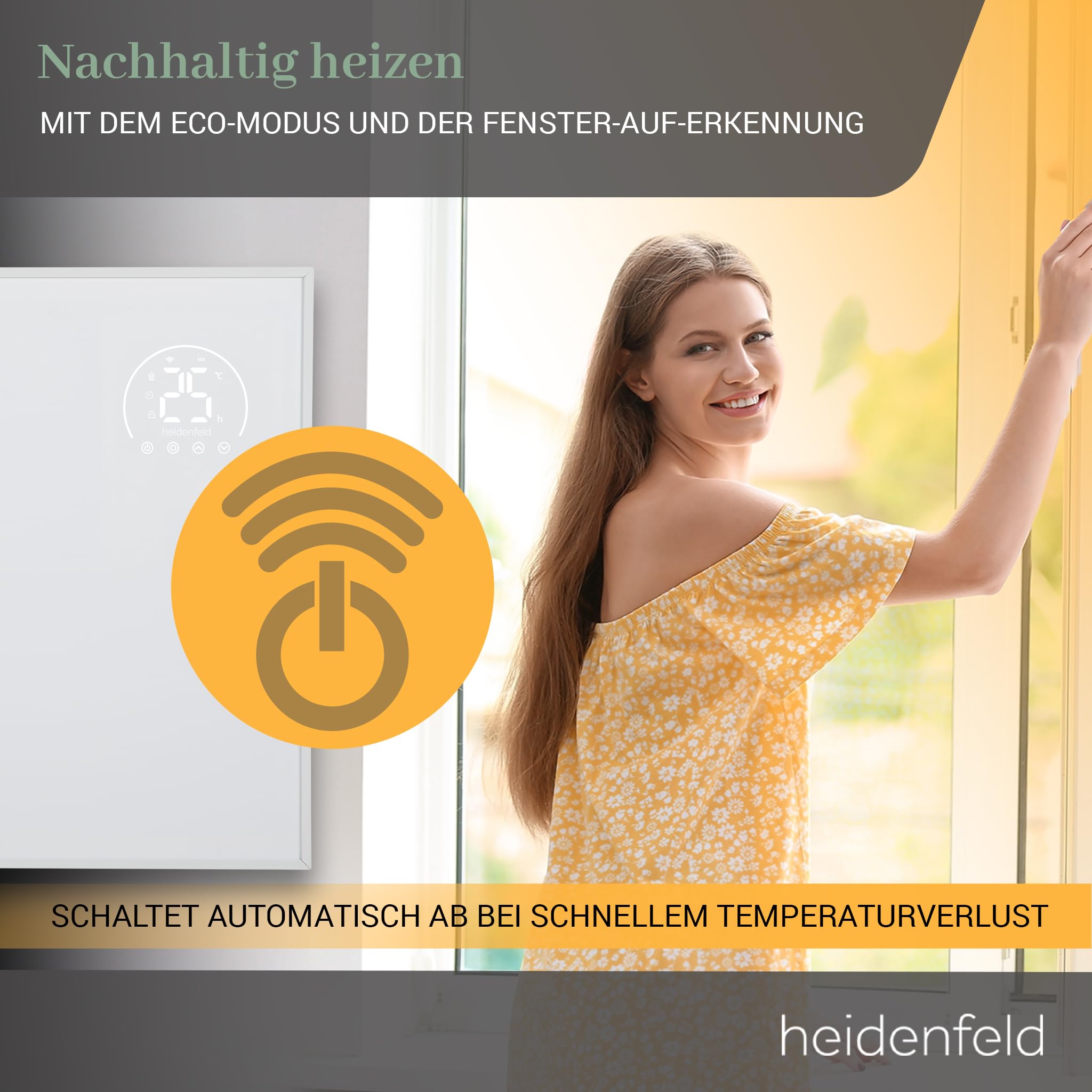 Heidenfeld Infrarotheizung HF-HP140 | 800 Watt bis 20 m² | 3in1 Steuerung via App | Fernbedienung | Touch-Bedienfeld | Mobile Elektroheizung | Infrarot Heizkörper mit Thermostat (HF-HP140 800 Watt)