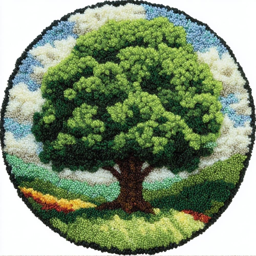 kitphoenix Round DIY Latch Hook Rug Kits Tree 20X20Inch (50X50Cm) Easy for Beginners Round Carpet Crochet Yarn Craft Large Rug Hook and Latch Tapestry for Home Decor