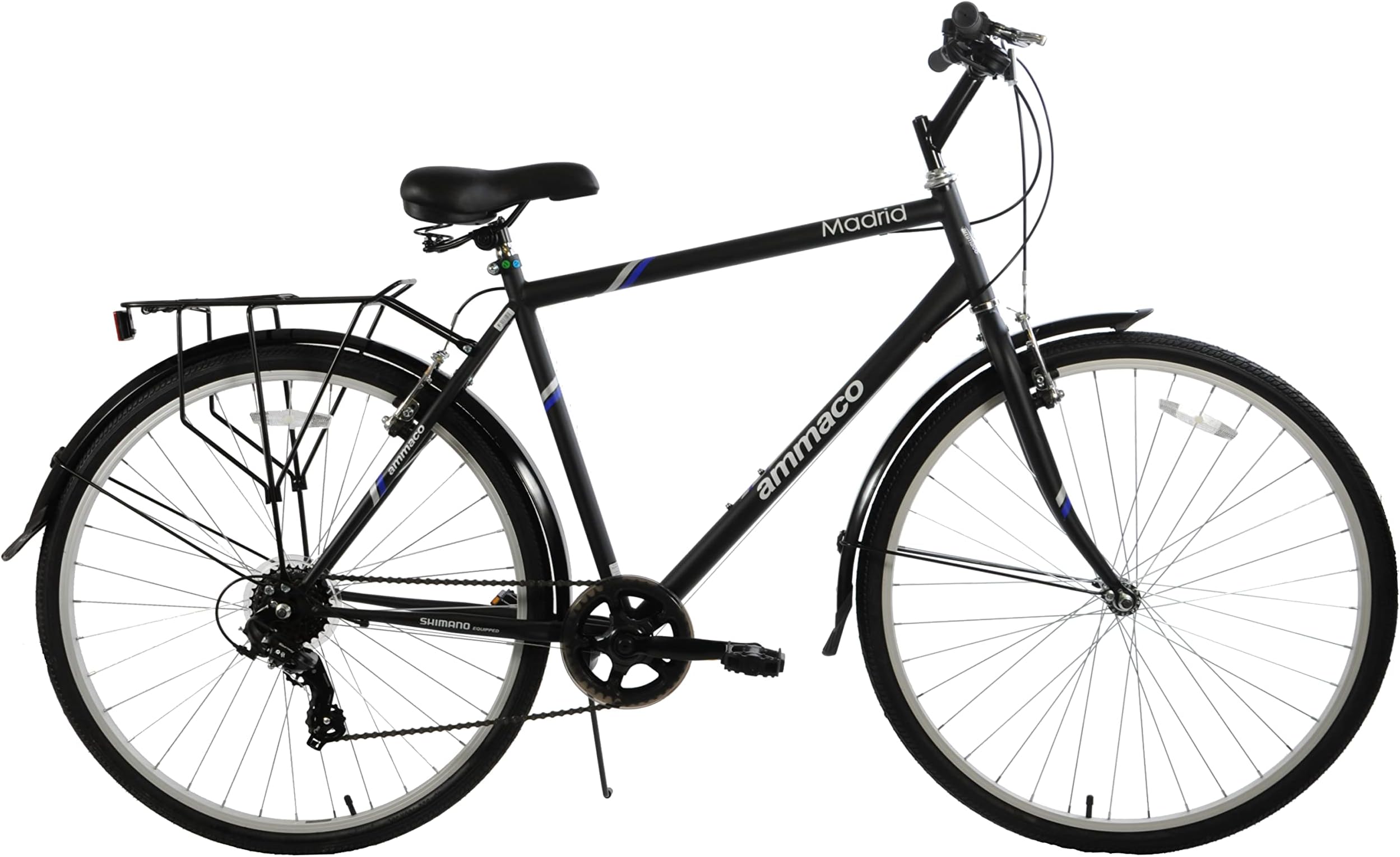 AmmacoMens Hybrid Bike Madrid 700c Wheel Trekking Bike 23" Frame Black 7 Speed