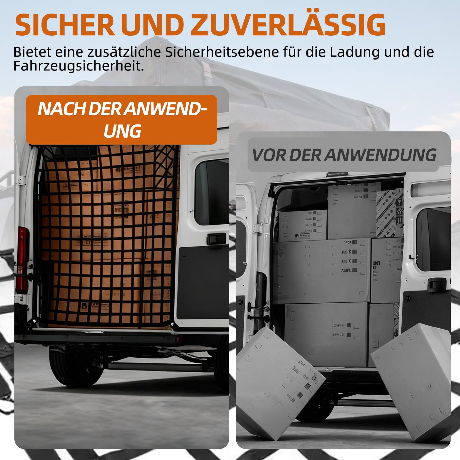 Ladeflächennetz: Reißfestes Laderaumnetz mit 4 verstellbaren Gurten zur Ladungssicherung auf Pickup-Anhängern. Passend für Transporter, Ducato, Boxer, Jumper, Opel Movano, Ford Transit, Mercedes-Benz