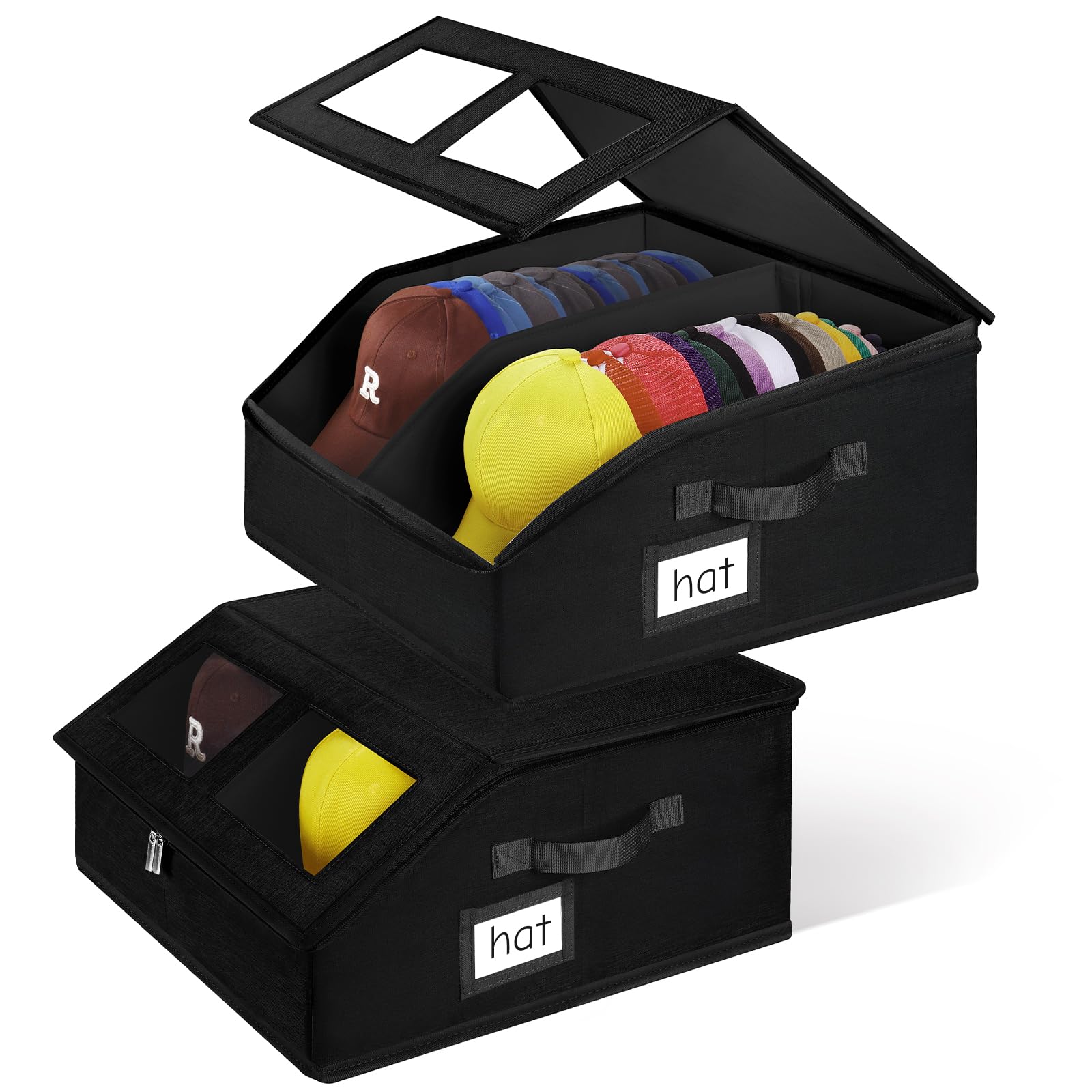 Photo 1 of 2 Pack Hat Storage for Baseball Caps-Holds Up to 48 Caps, Hat Organizer for Closet Stackable Hat Box with Cardboard, Dustproof Baseball Cap Organizer with 2 Handles for Home Travel (Black, 2Pack)