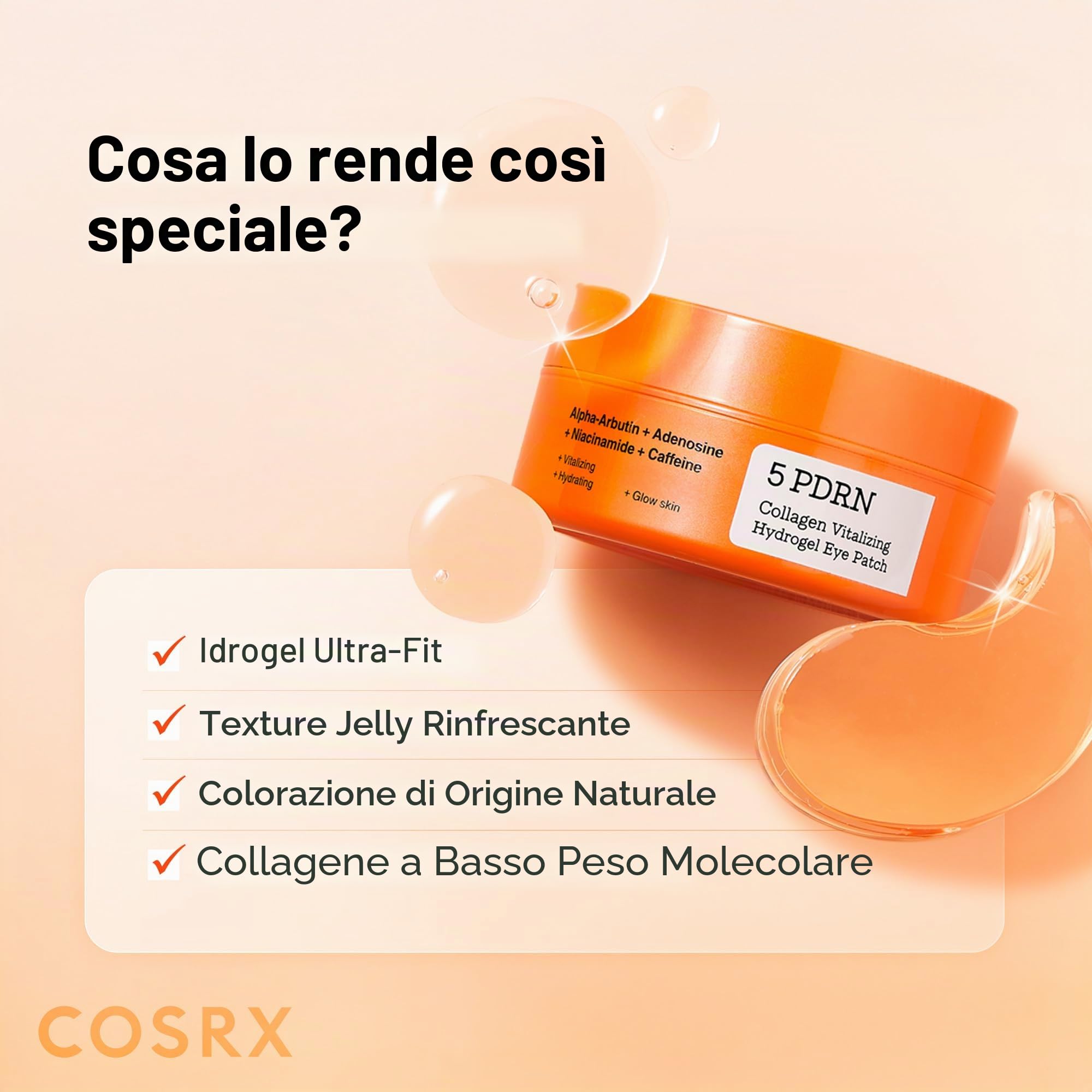 COSRX 5 PDRN Collagen Vitalizing Hydrogel Eye Patch, 60 cerotti, cerotti decongestionanti sotto gli occhi con PDRN, collagene, maschere per gli occhi per una zona degli occhi più liscia e dall'aspetto