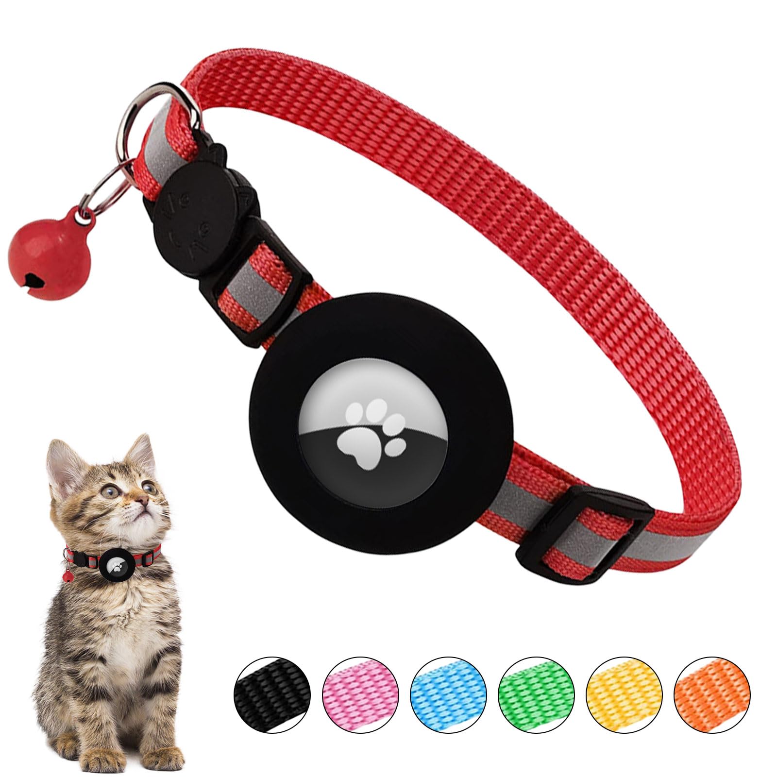 Collar Gato Antiahogo Reflectante Compatible GPS Airtag, Con Cascabeles y Hebilla Segura para Gatitos y Cachorros (Rojo)
