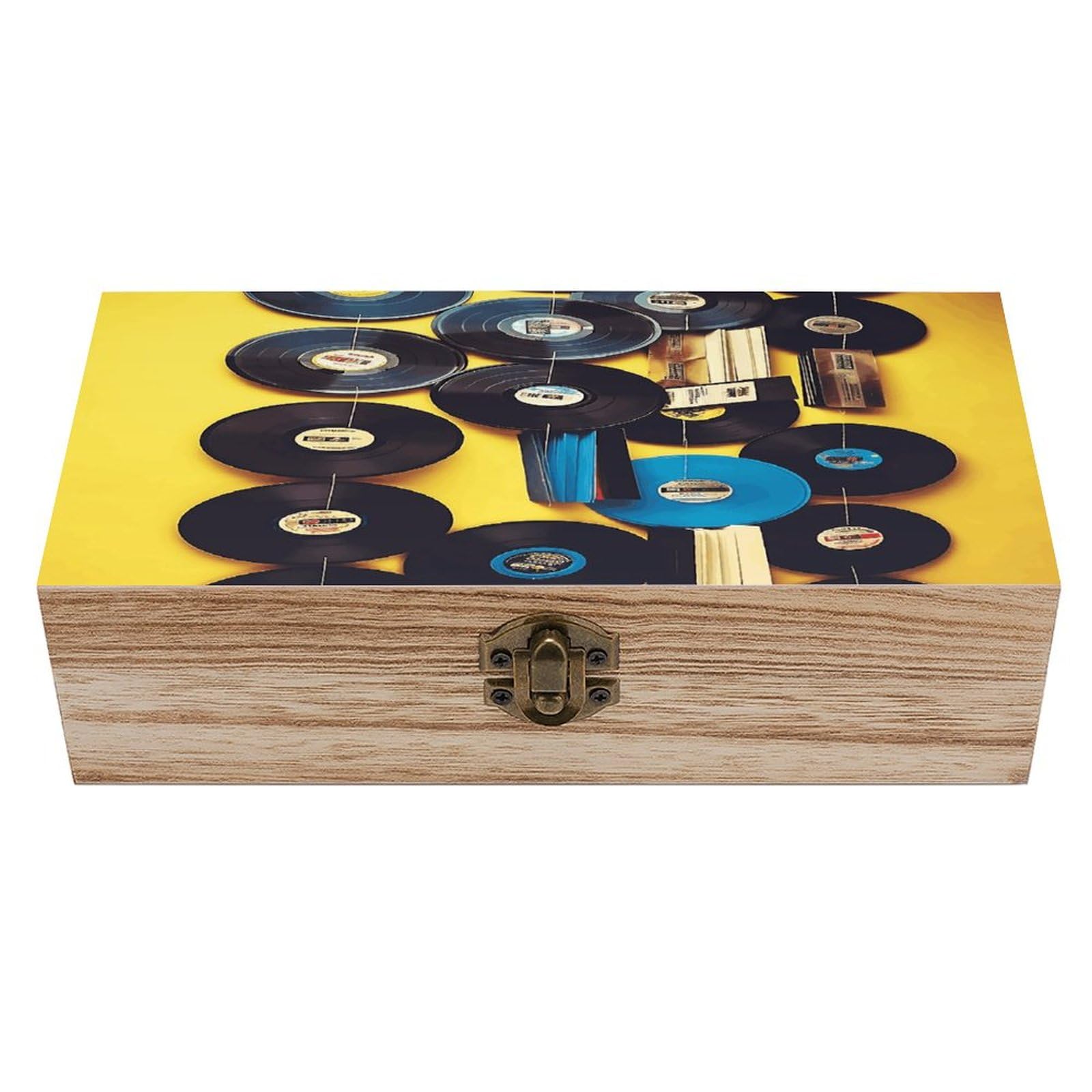 Boîte vinyles en bois et couvercle déco pour salon chaleureux
