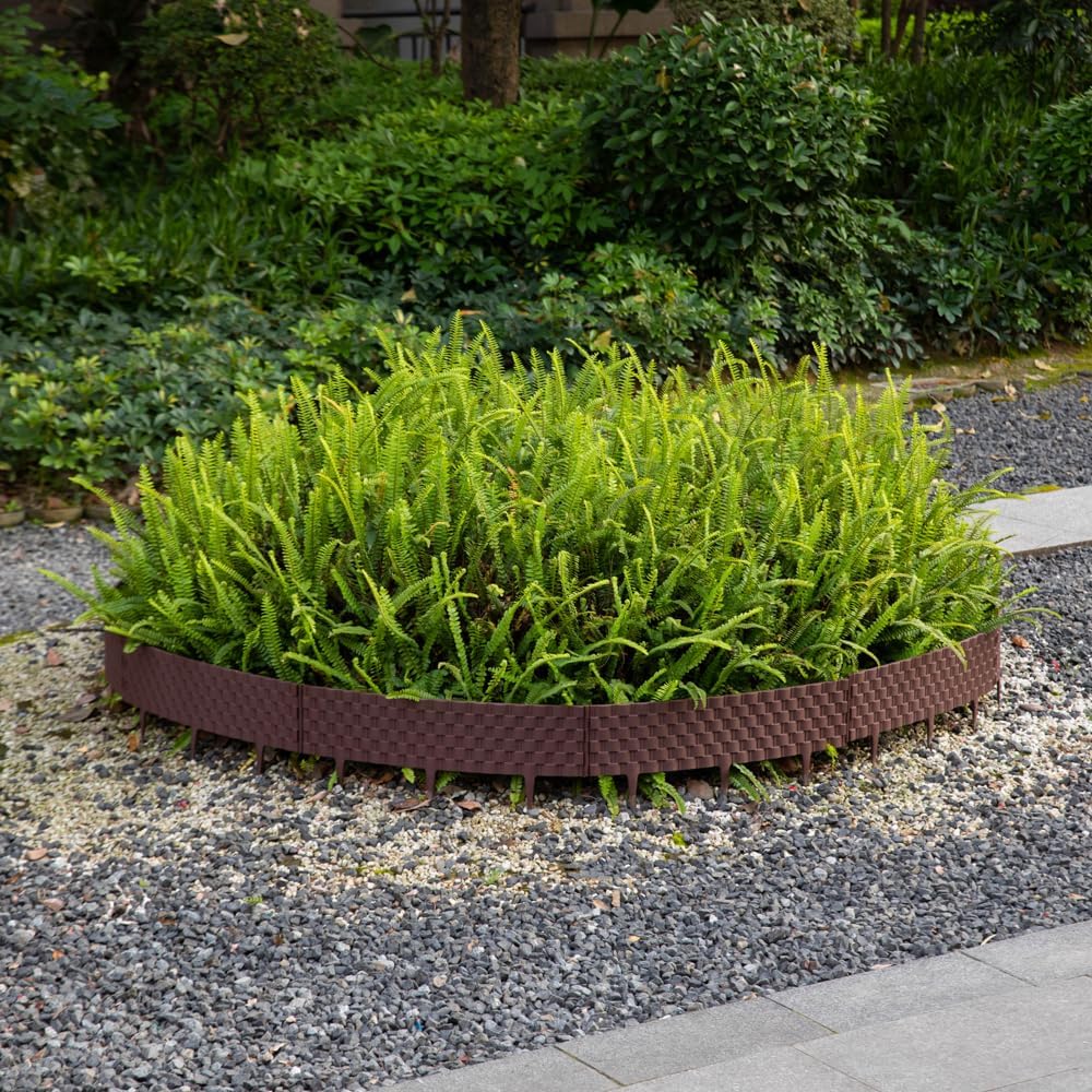 Set of 8 Pcs Decorative Rattan-Inspired Plastic Landscape Edging and Garden Fence Borders in a Rich Coffee Hue for Lawn, Outdoor Patio, Garden, and Flower Bed