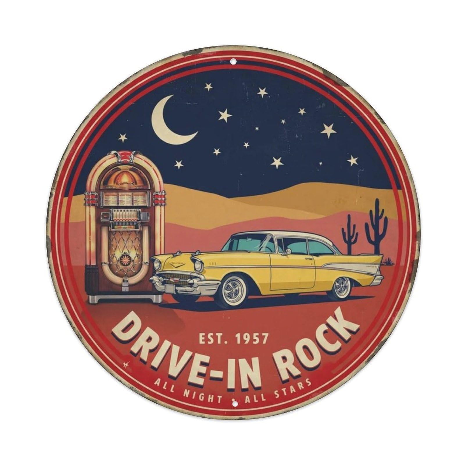 Drive-In Rock Jukebox Classic Car Round Metal Tin Sign Plaque