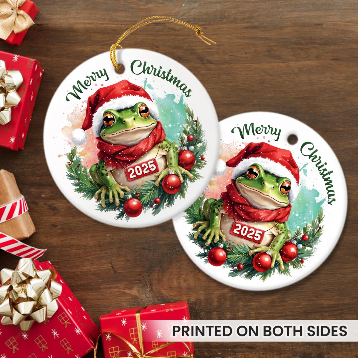 Lustiger Frosch Weihnachtsschmuck 2025, festliche Geschenke für Tierliebhaber, Herpetologie-Fans, niedlicher Weihnachtsmann Frosch Baumdekor mit rotem Schal, natürliches Leben Keramik Ornament für