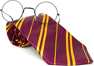 Skeleteen Wizard Glasses and Tie - Maroon And Gold Dress Up Tie and Black Round Glasses Set - 1 Pair