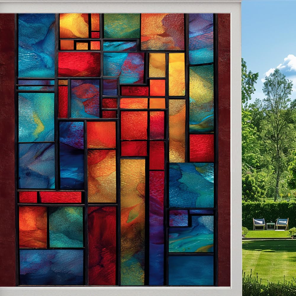 Pmlbaous Abstract Geometric Frosted Window Film, Color Blocks Texture Stained Glass Privacy Film, Heat Insulation Self-Adhesive Vinyl For Bathroom Office, （55X100cm）
