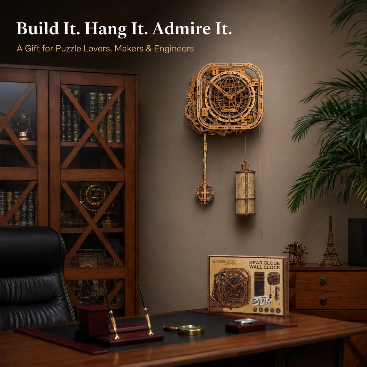 WOODEN.CITY Puzzle 3D in legno – Orologio da parete a forma di mappamondo | Orologio in legno puzzle per adulti | 369 pezzi | Orologio meccanico puzzle 3D | Non richiede colla | Prodotto in UE