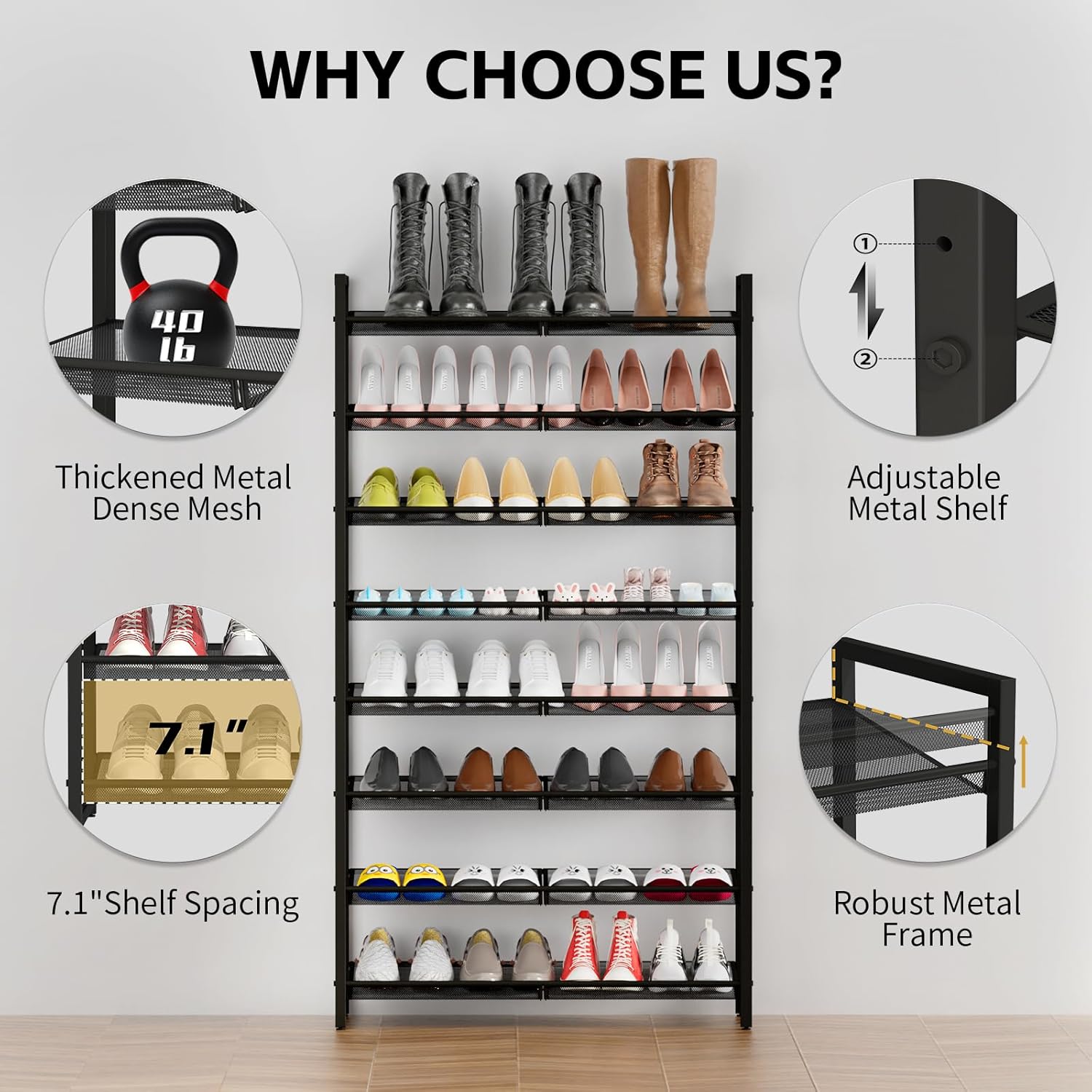 Shoe Rack, 8-Tier Metal Shoe Organizer, Tall Shoe Rack for Closet,entryway,Garage, with Adjustable Flat or Angled Shelves, 32-40 Pairs,Shoes that can accommodate the Whole Family.