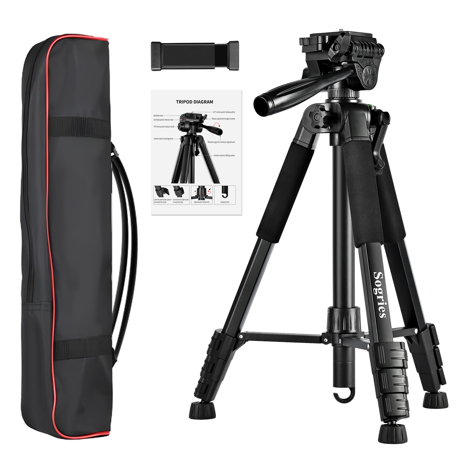 Sogries Treppiede – 60'' treppiede da viaggio professionale leggero in alluminio per fotocamera/DSLR/cellulare/videocamera/binocolo/microscopio