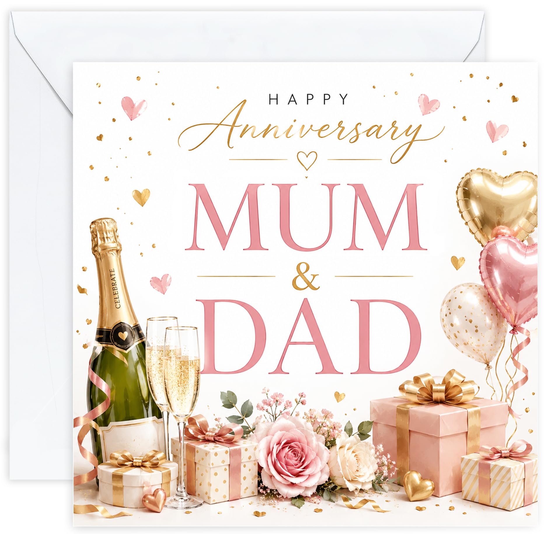 Anniversary Card for Mum and Dad | Celebration Wedding Anniversary Card for Parents with Champagne and Gifts | Happy Anniversary Mum & Dad Card with Optional Printed Inside Message (Design 09)