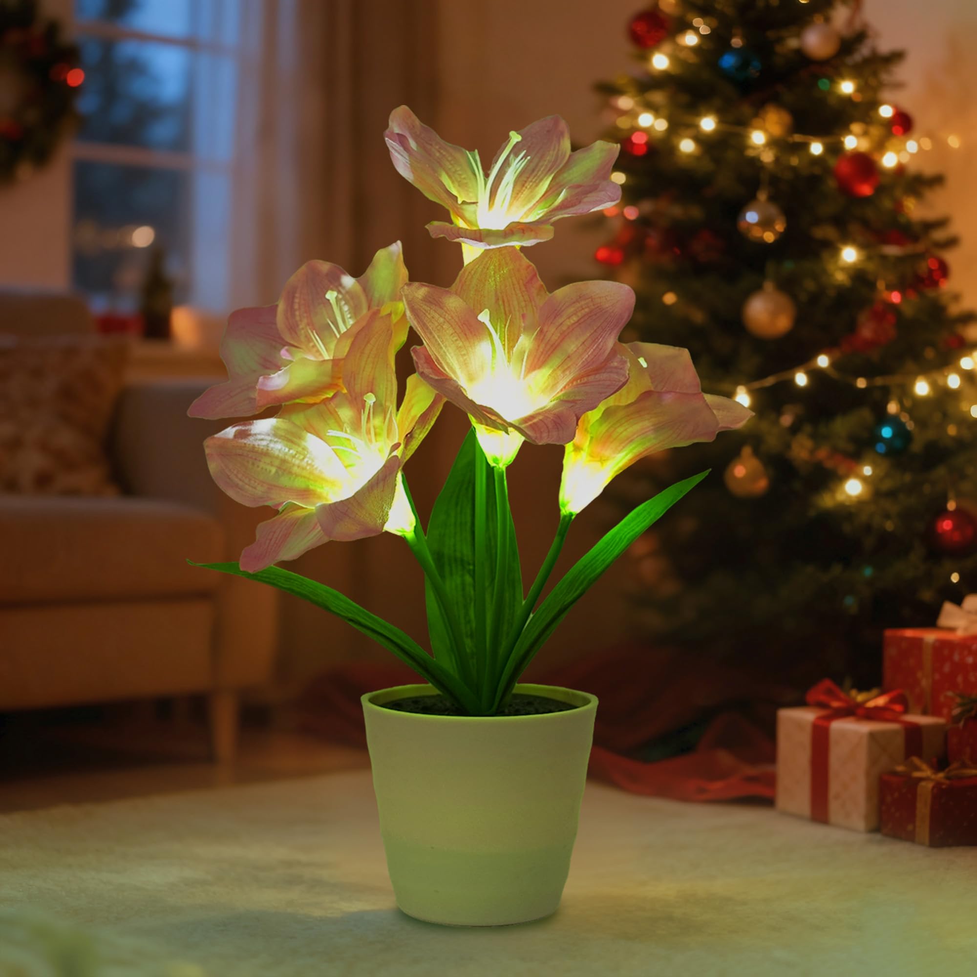 Artificial Pink Lily Flower Lamp, LED Light for Bedroom Bar Coffee Shop Wedding Decor, Gifts for Women Mom Daughter Grandma Girlfriend Coworker Friend Birthday Christmas Valentines Mothers Day