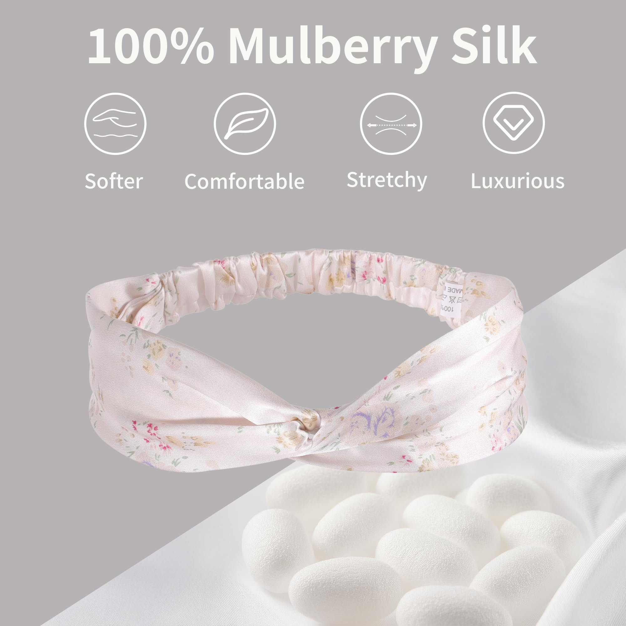 ZLYC Mulberry Silk Headband Elastic Twist Knotted Head Bands for Women's Hair(Floral Light Pink),One Size - Image 2
