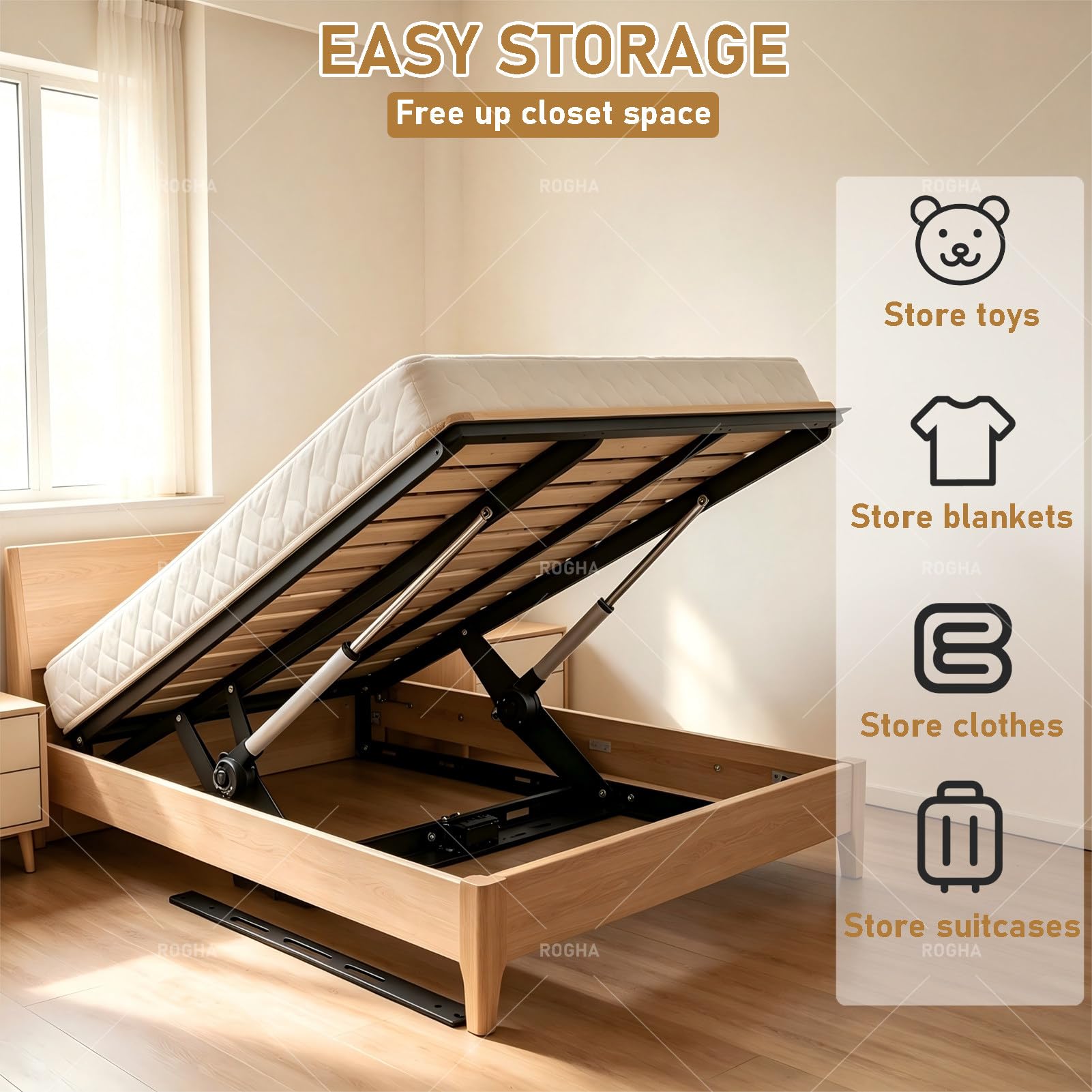 Mecanismo Eléctrico de Elevación de Cama de Acero con Control Remoto; Kit de 2 Amortiguadores de Gas de Alta Resistencia para Camas con arcón White-80cm
