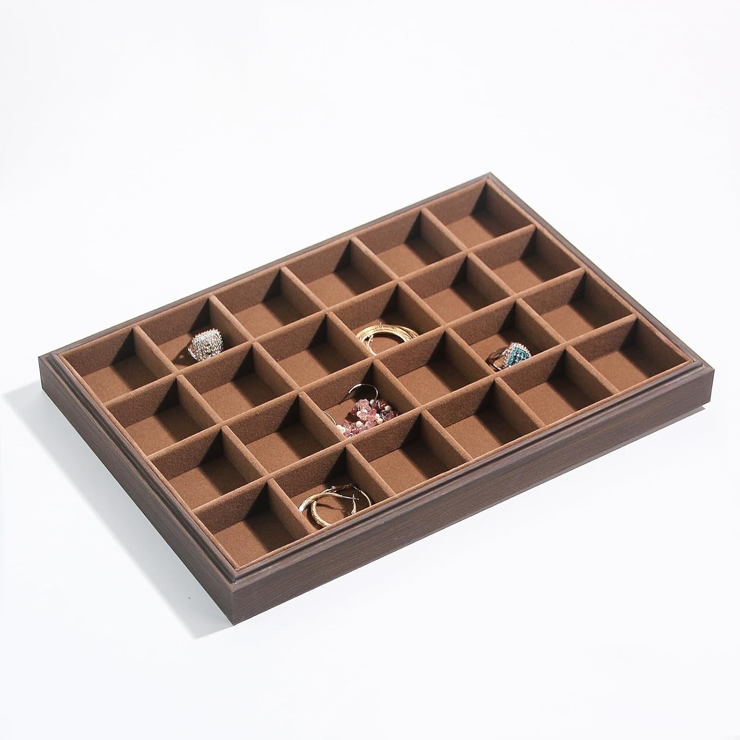 2Pcs/Set Wood Jewelry Organizer Tray, Stackable 24 Grid Jewelry Display Tray for Drawer, Rings Earring Storage Case, Necklace Accessories Display Holder for Store Selling or Home Show