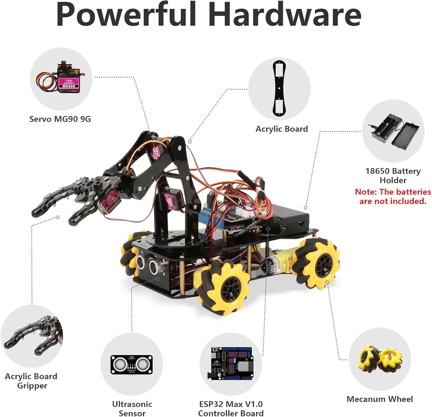 ACEBOTT 5DOF Smart Robot Arm Car Kit, 4WD Remote Control Car Compatible with Arduino/Python/Blockly Programming Project/STEM Education/Science Coding Kit for 12+ Teens and Adults Unique Gifts