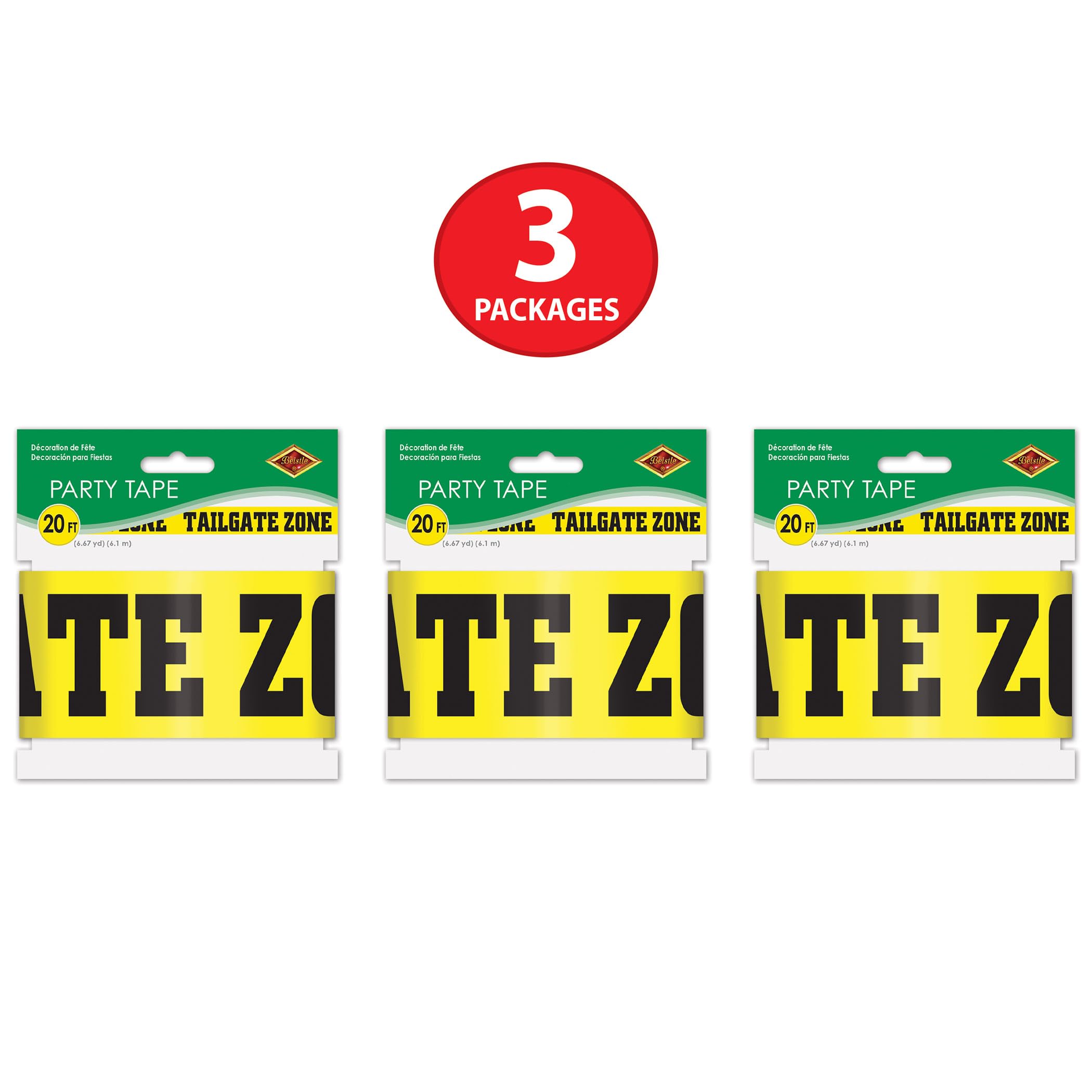 Beistle 3 Stück Fußball-Luftschlangen 'Heckklappen-Zone' – Je 7,6 Cm X 6 M, Kunststoff, Schwarz/gelb, Für Party-Deko