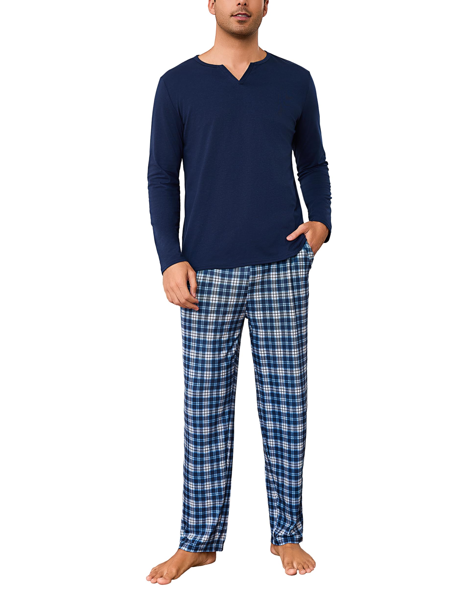Bresdk Schlafanzug Herren lang Baumwolle Winter Pyjama Set aus Langarm V-Ausschnitt Oberteil und Karierte Pyjamahose Hausanzug Herren Kuschelig S-3XL