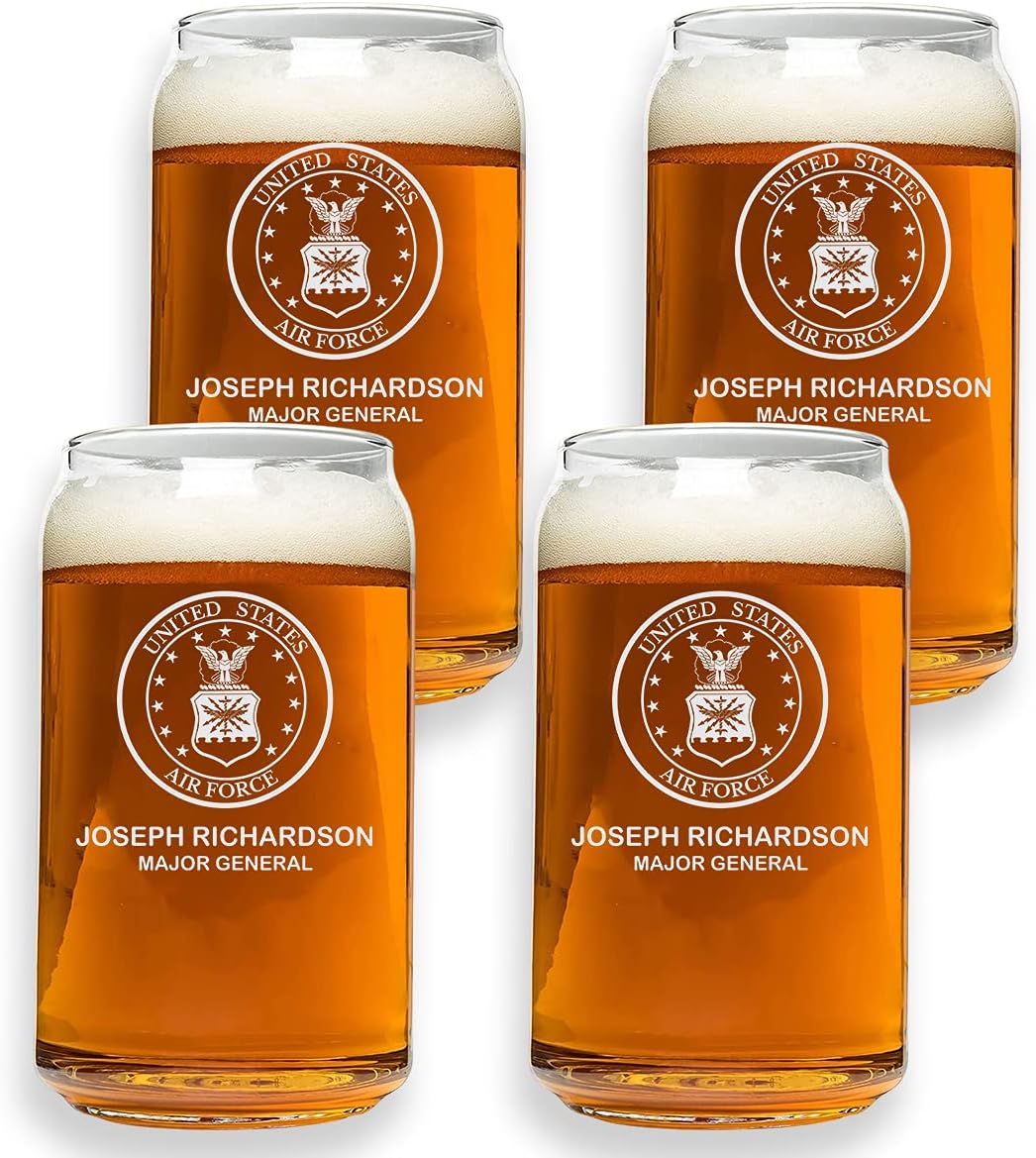 Custom Military Beer Glass Set - 4 Personalized 16 oz. Glasses for Army, Navy, Air Force & Coast Guard - Great for Active & Retired Service Members (BEER CAN)