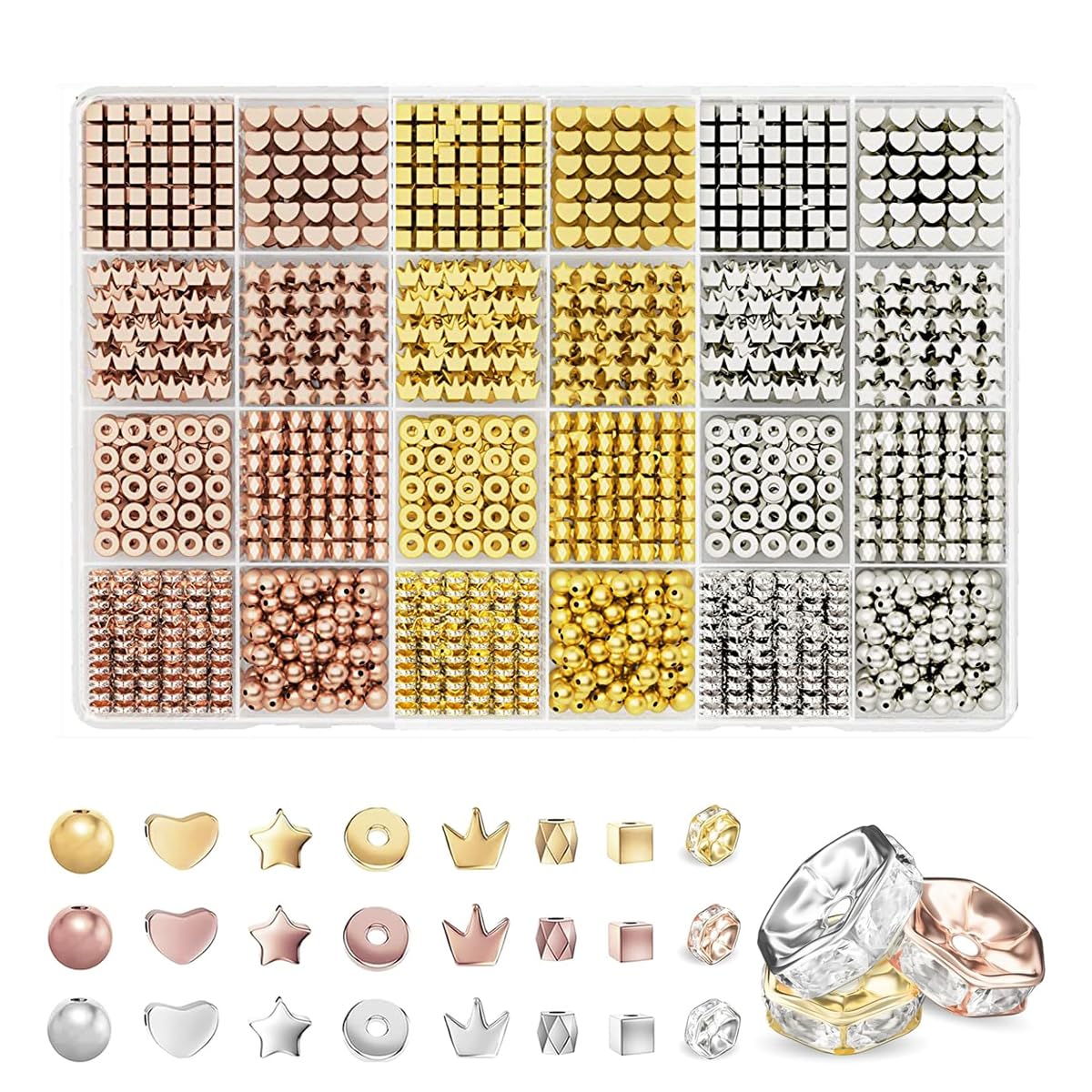 SANNIDHI® Beads for Jewellery Making Kit,150g Box Metallic Plated Beads for Craft DIY Set Spacer Bracelet Necklace Jewelry - 8 Styles,3 Colors Gold/Sliver/Rose Gold
