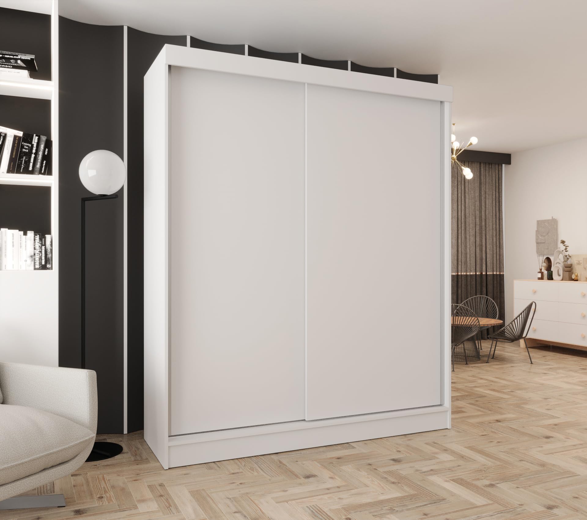 Kleiderschrank mit Schiebetüren 180cm breit Weiß 180x205 cm | 2 Kleiderstangen, 4 Schubladen, MDF Platte, Inklusive Montageset, Mit Einlegeböden, Viel Stauraum, Praktische Aufteilung