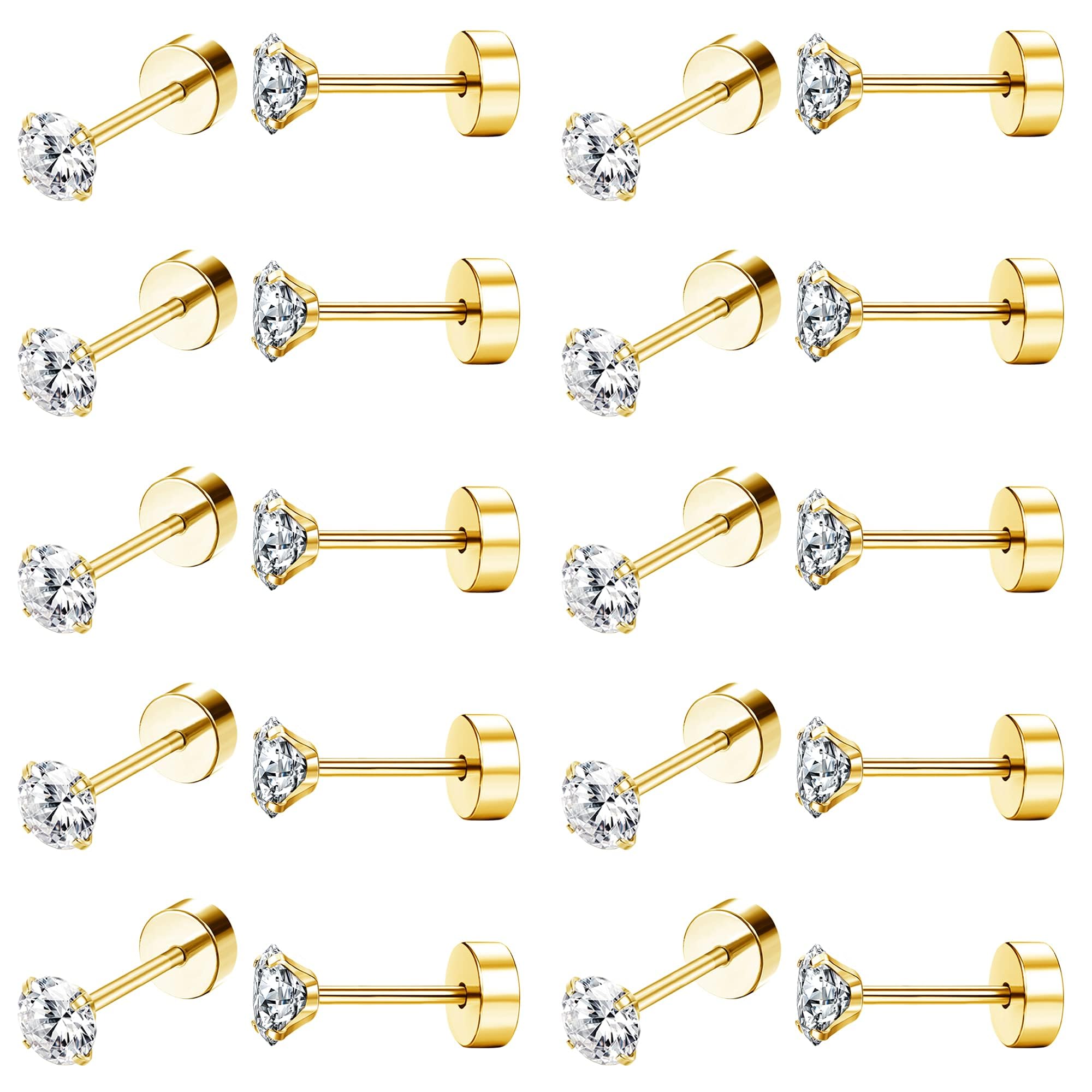Dochais Kolczyki ze stali nierdzewnej dla mężczyzn i kobiet, 10 par, 20 g, złote/czarne, 2 mm/3 mm/4 mm, z cyrkonią, hipoalergiczne kolczyki typu flatback