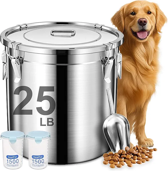 Newget Dog Food Storage Containers, Large Stainless Steel Pet Food Storage Containers 25 lb / 11.5 kg to Keep Fresh, Metal Airtight Cat Food Containers With Scoop and 2 Small Containers