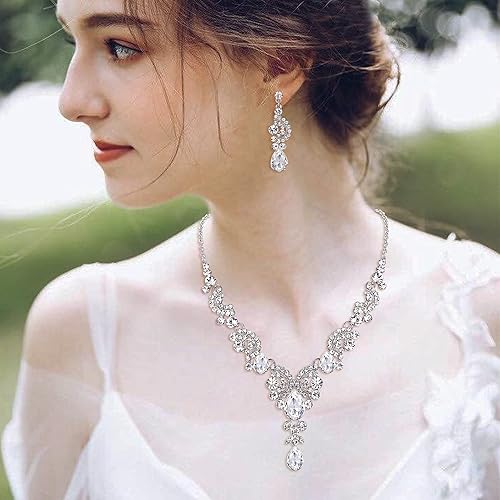 Miniatura 2 de Ever Faith - Juego de collar y aretes de lágrima de cristal austriaco con diseño floral para novia