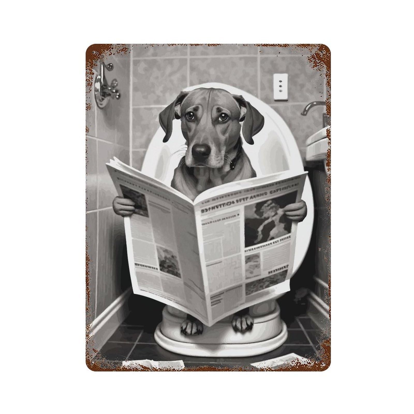 Dog Reading Newspaper on Toilet Aged Metal Wall Plaque 15.7"x11.8", for Shed, Workshop And Garage Wall Decor, Old School Wall Decor